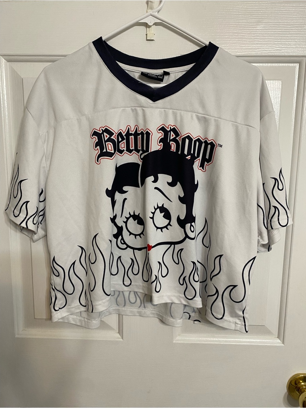 Women’s Betty Boop White Short-Sleeve Jersey Top with Black & Red Graphic